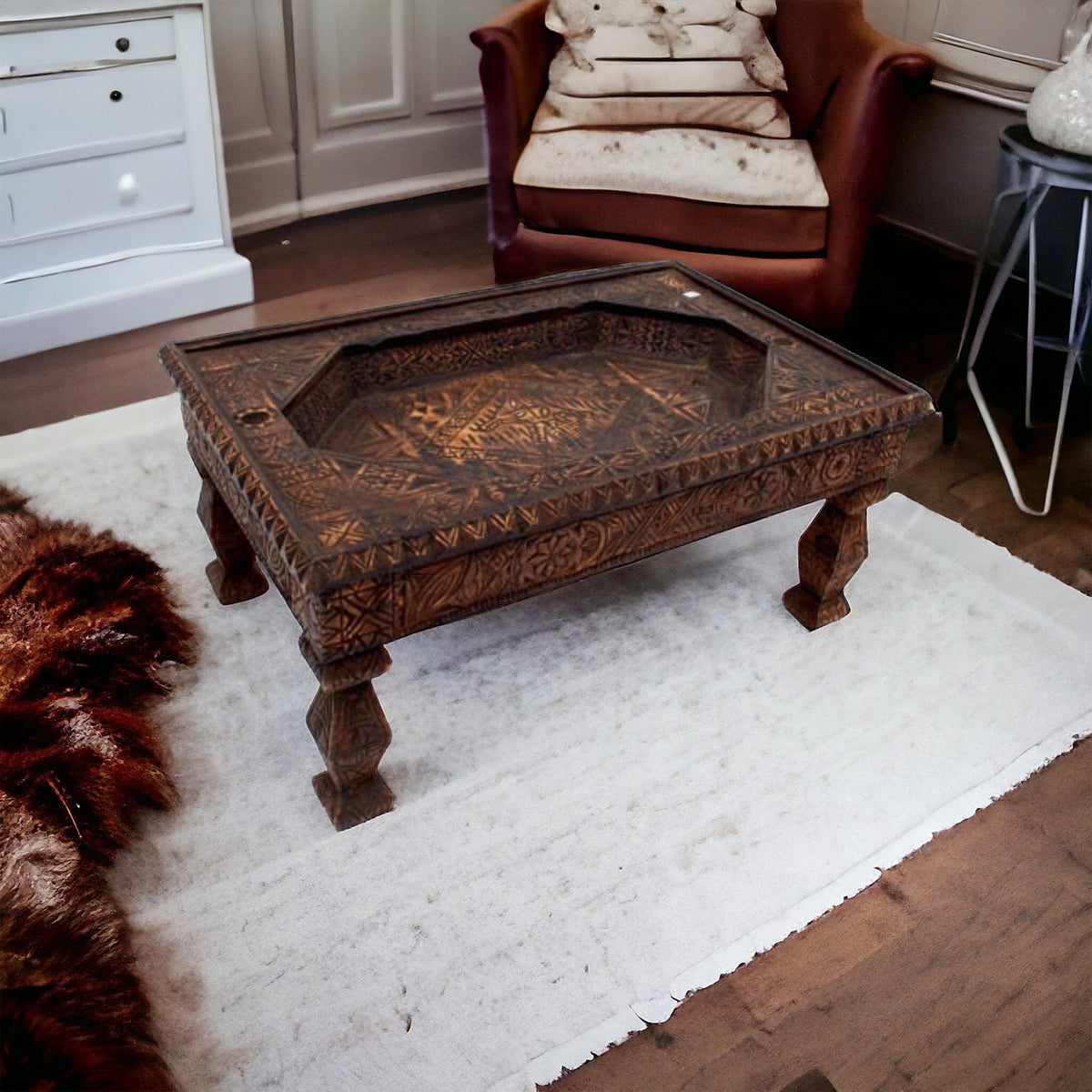 Hand Carved Cedar Moroccan Table, Berber Ethnic Style