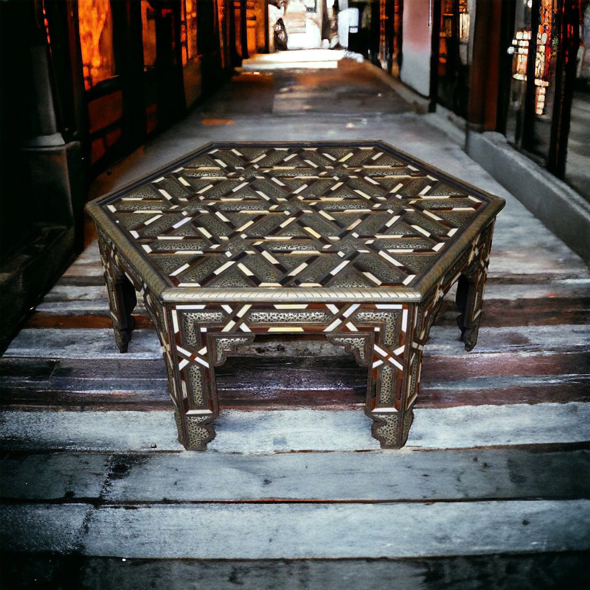 Vintage Moroccan Inlay Table: Bone & Silver, Geometric Artwork