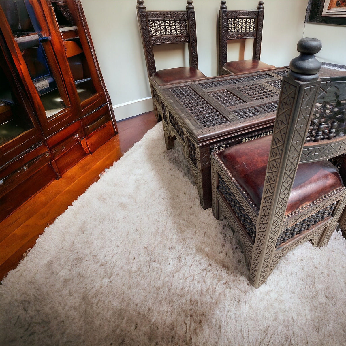 Vintage Moroccan Mousharabia Living Room Set: Wood, Leather, 5-Piece