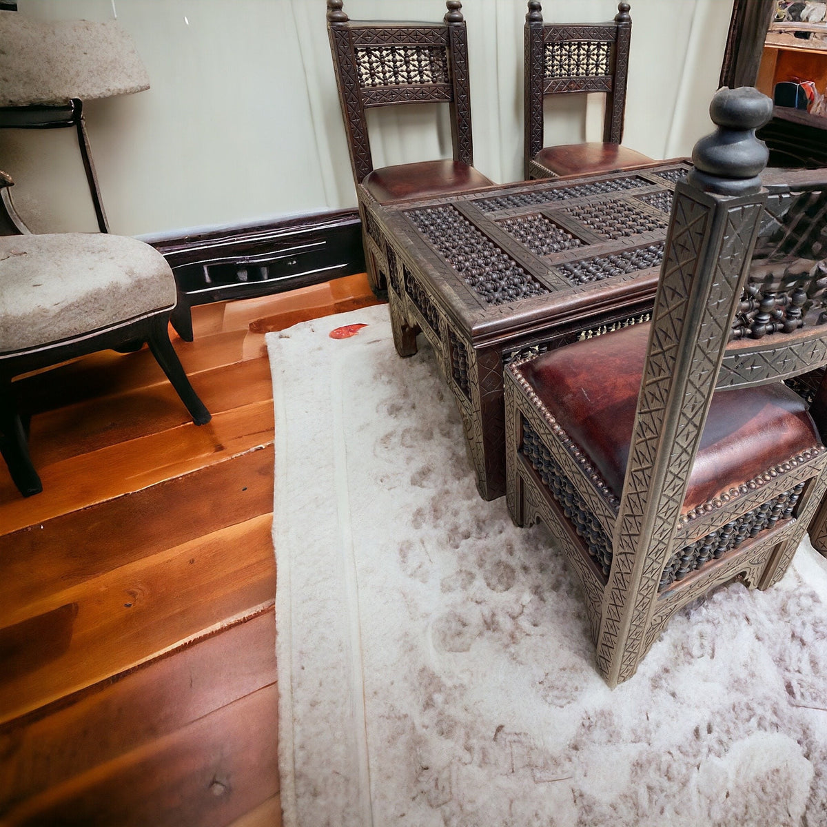 Vintage Moroccan Mousharabia Living Room Set: Wood, Leather, 5-Piece