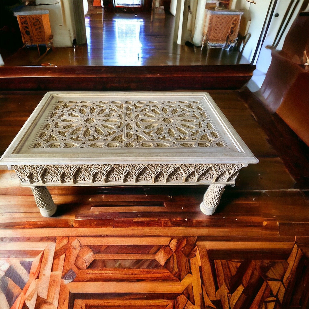 Handmade Moroccan Carved Wooden Coffee Table, Andalusian Art