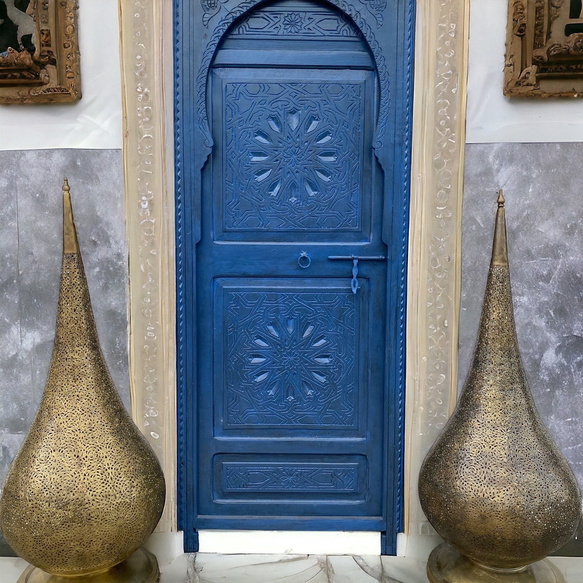Handmade Blue Moroccan Door: Geometric Carved Wood, 79" x 32.5"