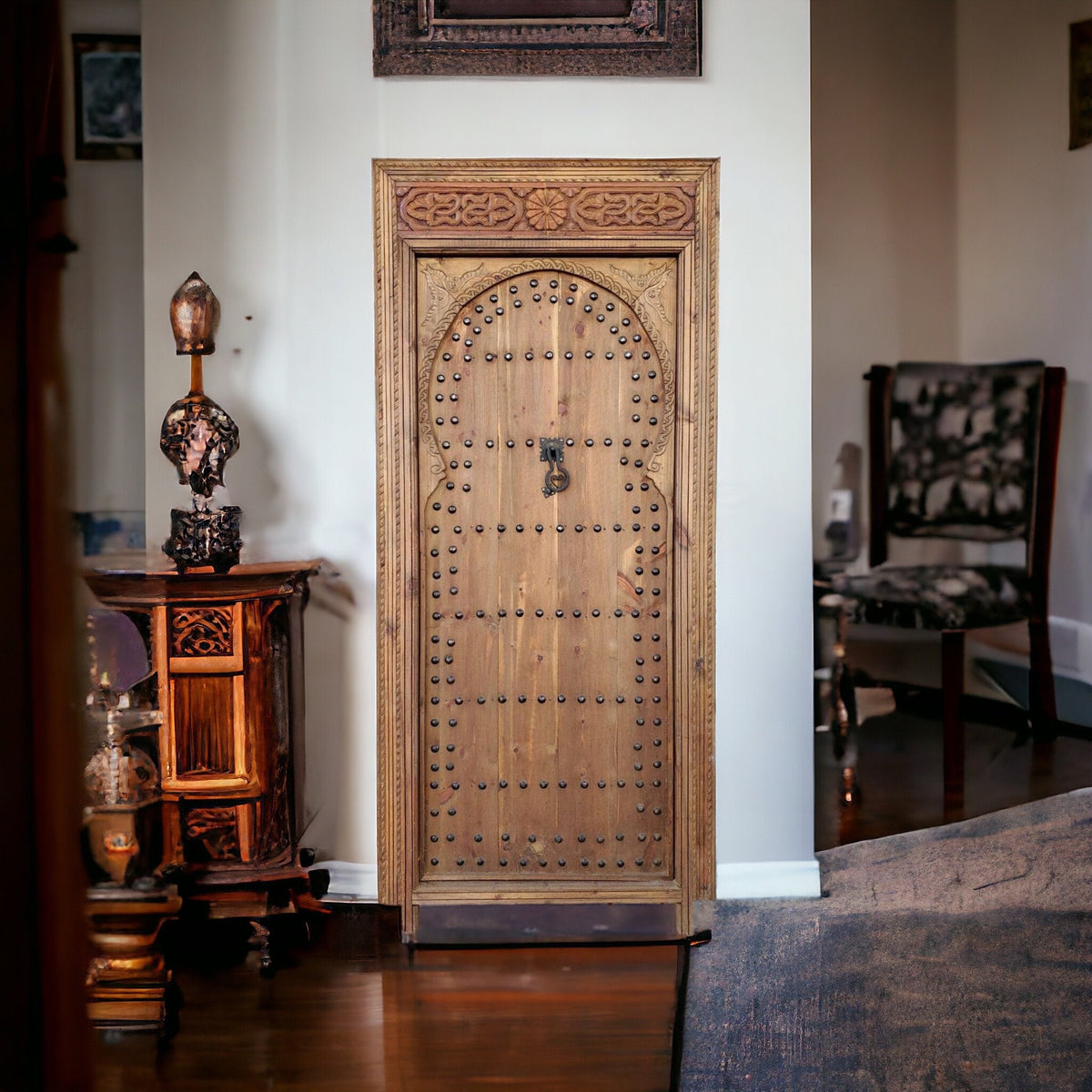 Vintage moroccan door handmade with metal knocker and umberella nail heads