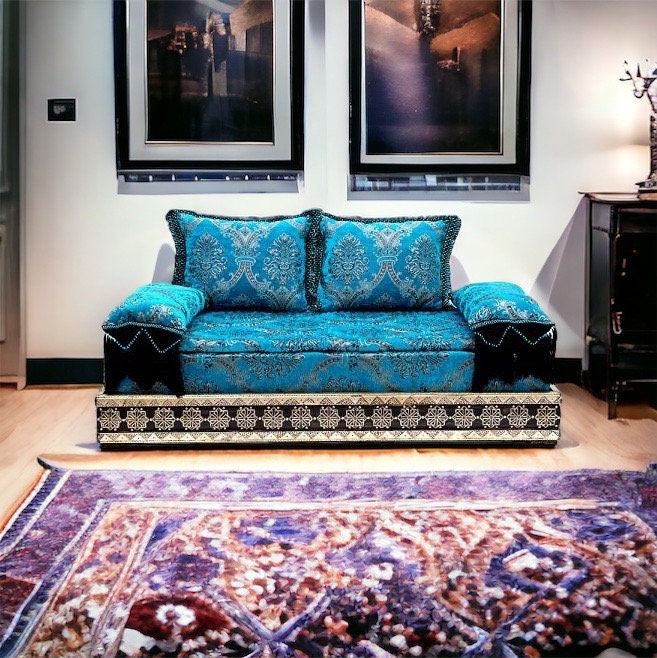Blue Moroccan Daybed Sofa, Handmade Silver Metal Bench