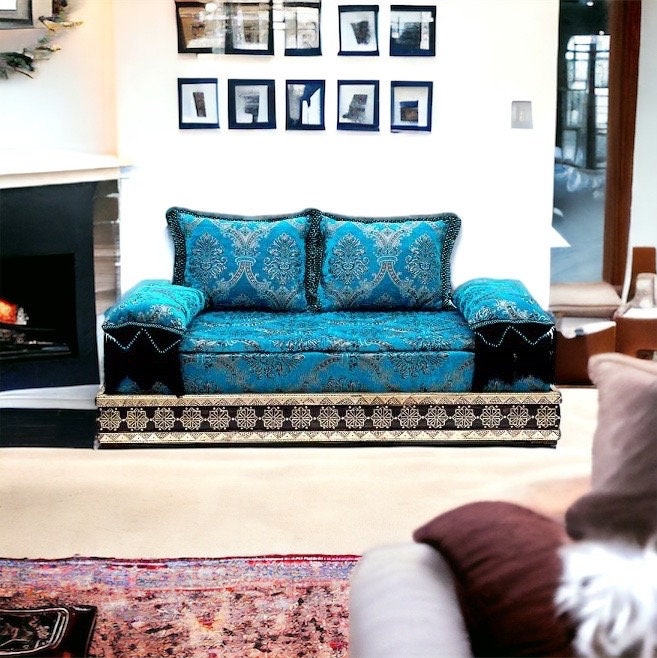 Blue Moroccan Daybed Sofa, Handmade Silver Metal Bench