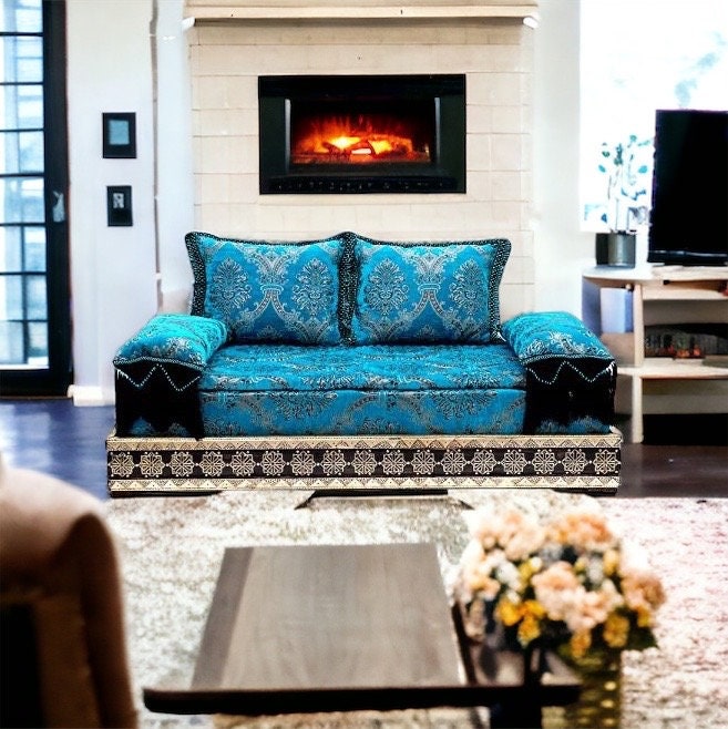 Blue Moroccan Daybed Sofa, Handmade Silver Metal Bench