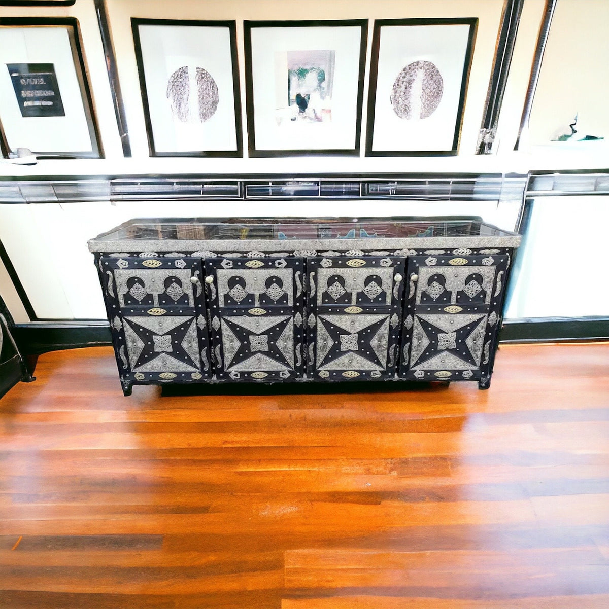 Handmade Moroccan Silver Metal Cabinet, Solid Wood Buffet Furniture