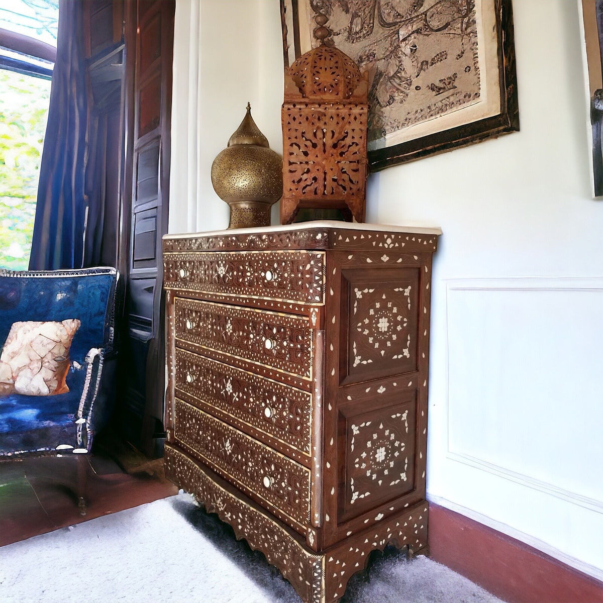 Vintage Syrian Chest of Drawers, Mother of Pearl Inlay, Marble Top