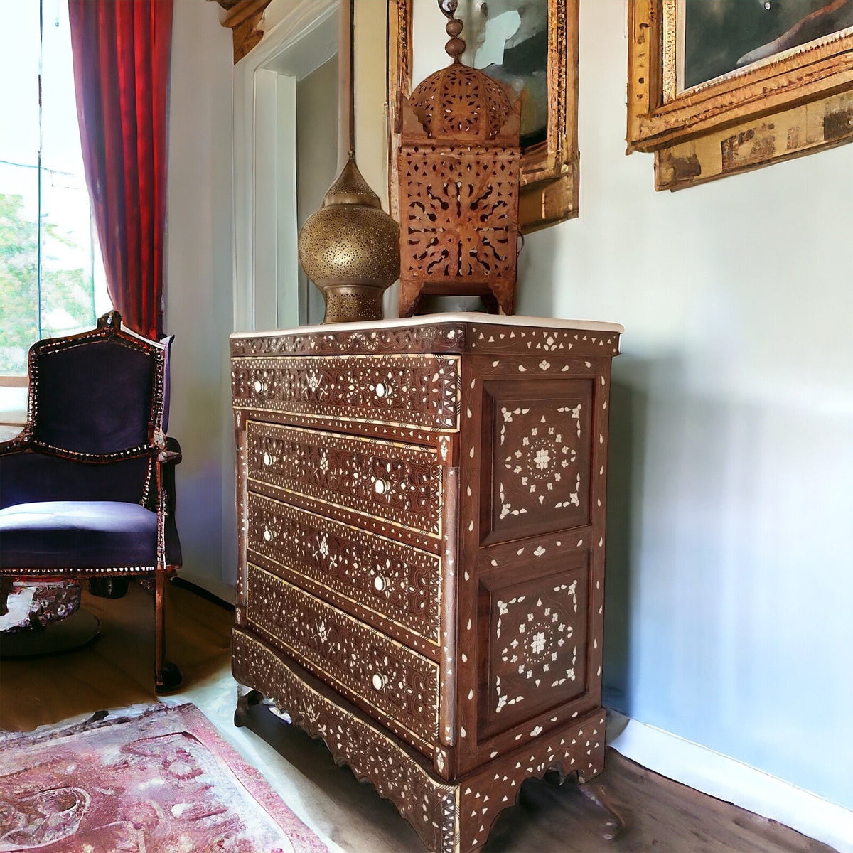 Vintage Syrian Chest of Drawers, Mother of Pearl Inlay, Marble Top