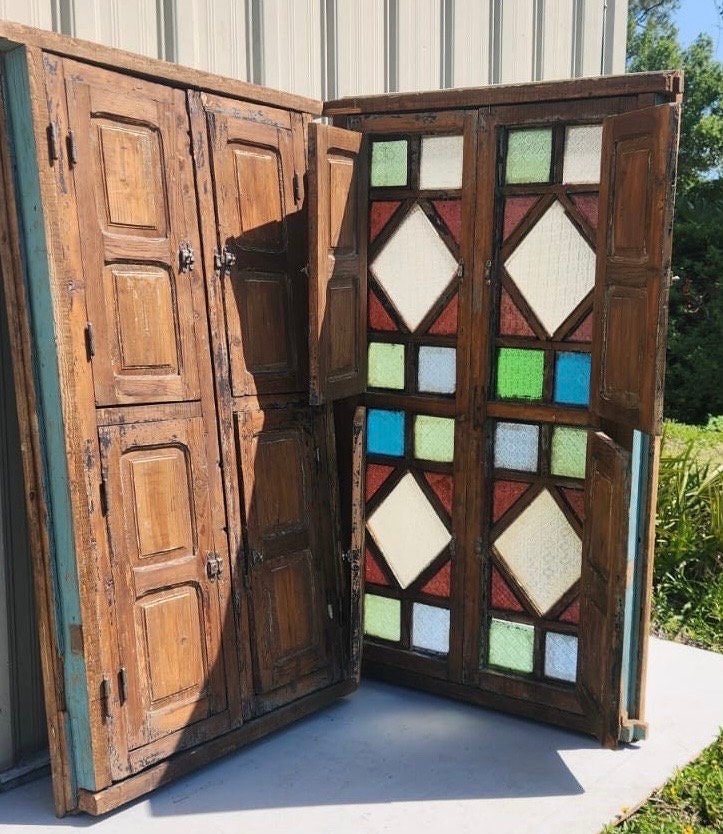 Antique Moroccan Stained Glass Window with Door Panels, Moorish Wood Artwork