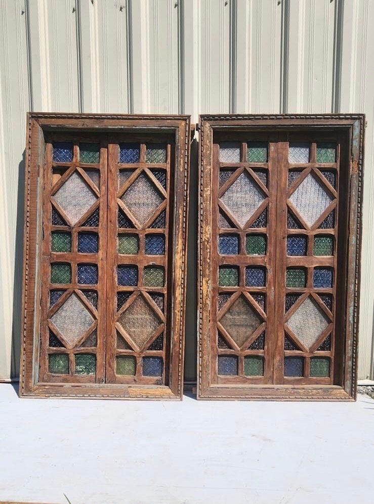 Antique Moroccan Stained Glass Window with Door Panels, Moorish Wood Artwork