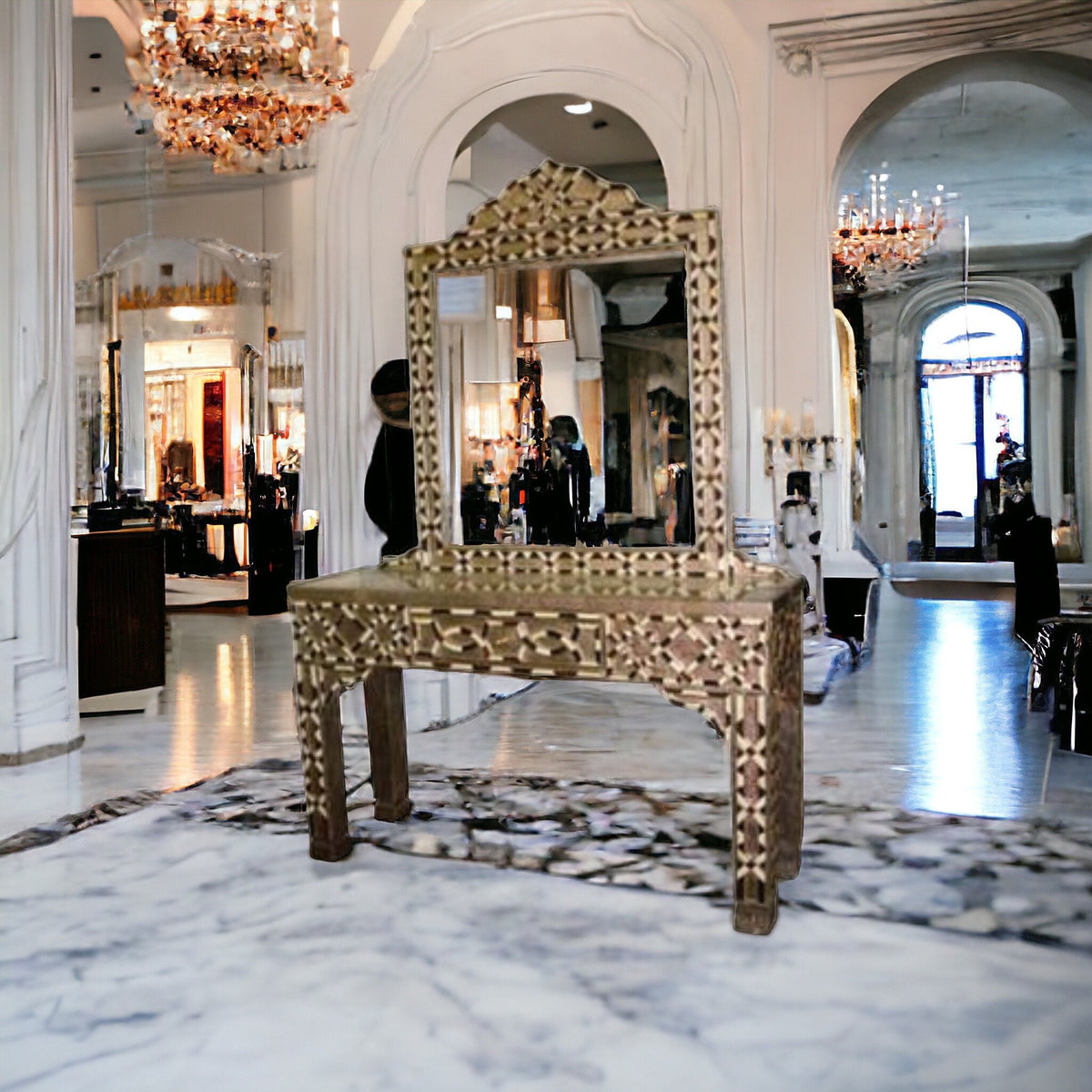 Vintage Moroccan Bone Inlay Console Table with Mirror