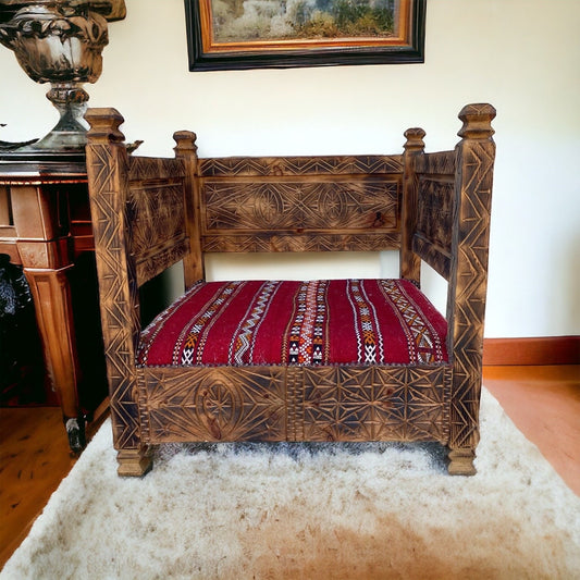 Vintage Kilim Rug Chair, Carved Wood, African Nomad Decor