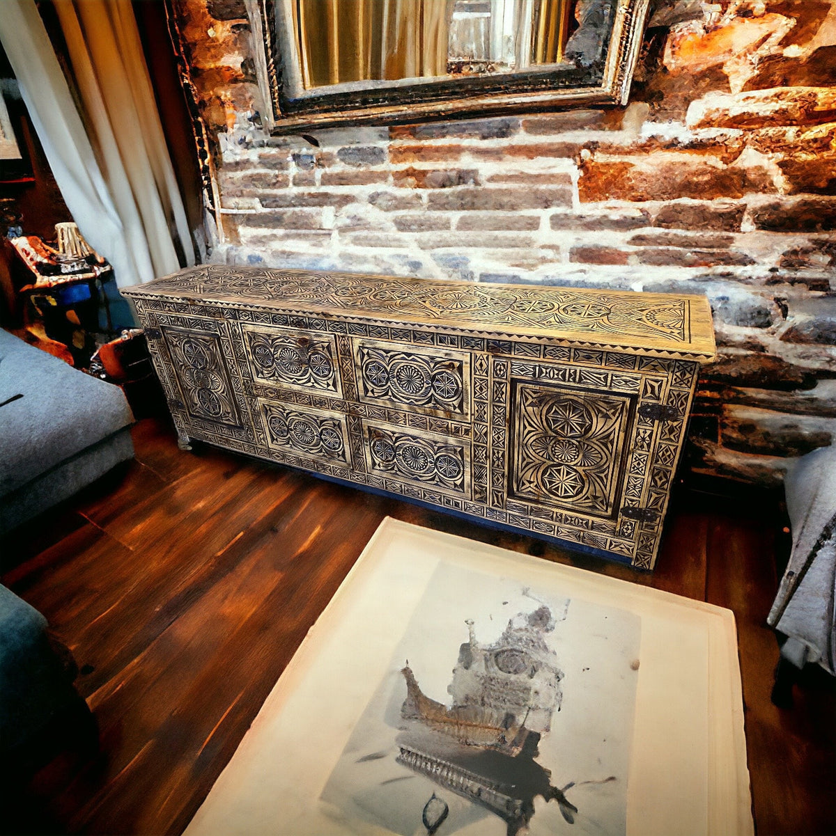 Handmade African Carved Wood Cabinet, Moorish Dresser, 205cm