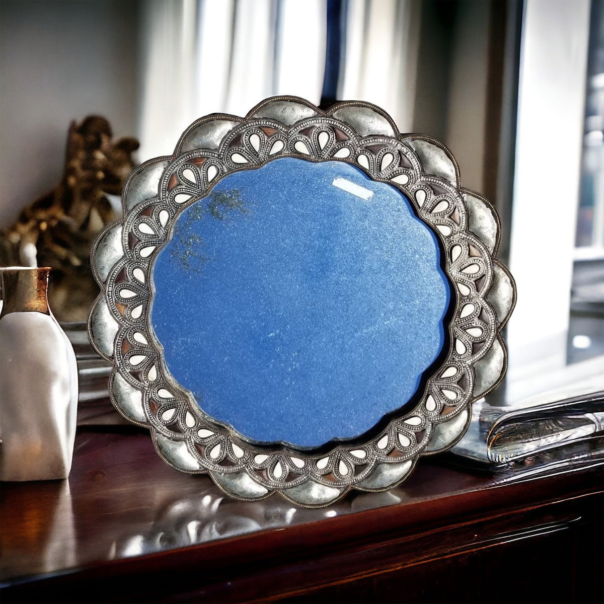 Moroccan Bone Inlay Mirror, 29" Round, Middle Eastern Decor