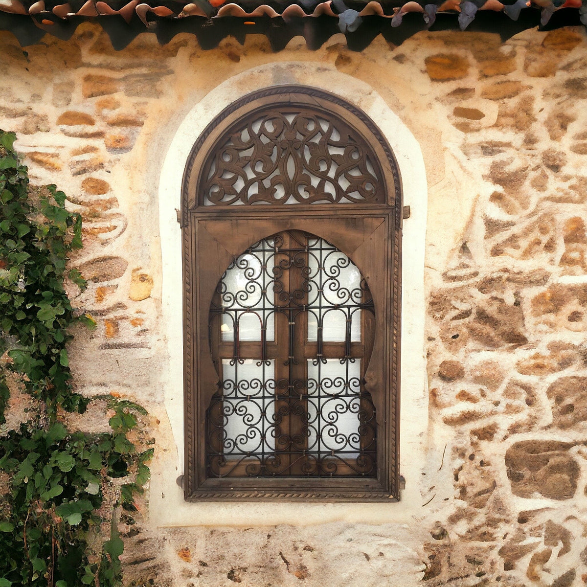 Moroccan Wrought Iron Filigree Window, Moorish Orange Stained Glass, 56x30