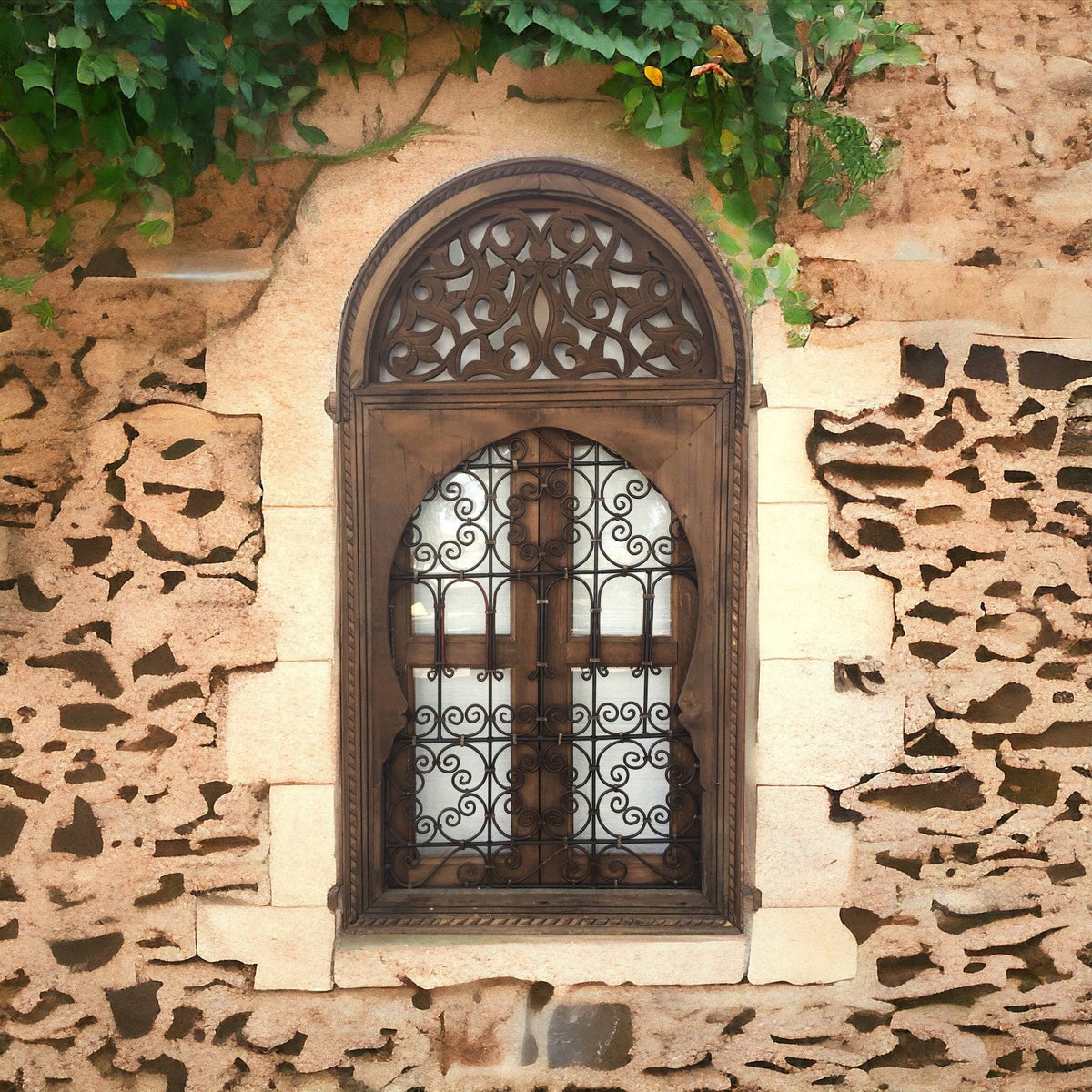 Moroccan Wrought Iron Filigree Window, Moorish Orange Stained Glass, 56x30