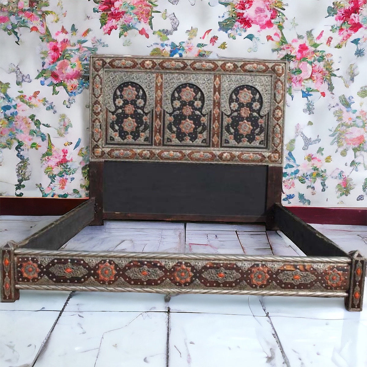 Vintage Silver Inlaid Camel Bone Headboard: Moroccan Sultan Bed