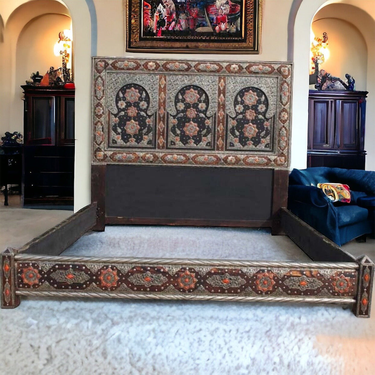 Vintage Silver Inlaid Camel Bone Headboard: Moroccan Sultan Bed