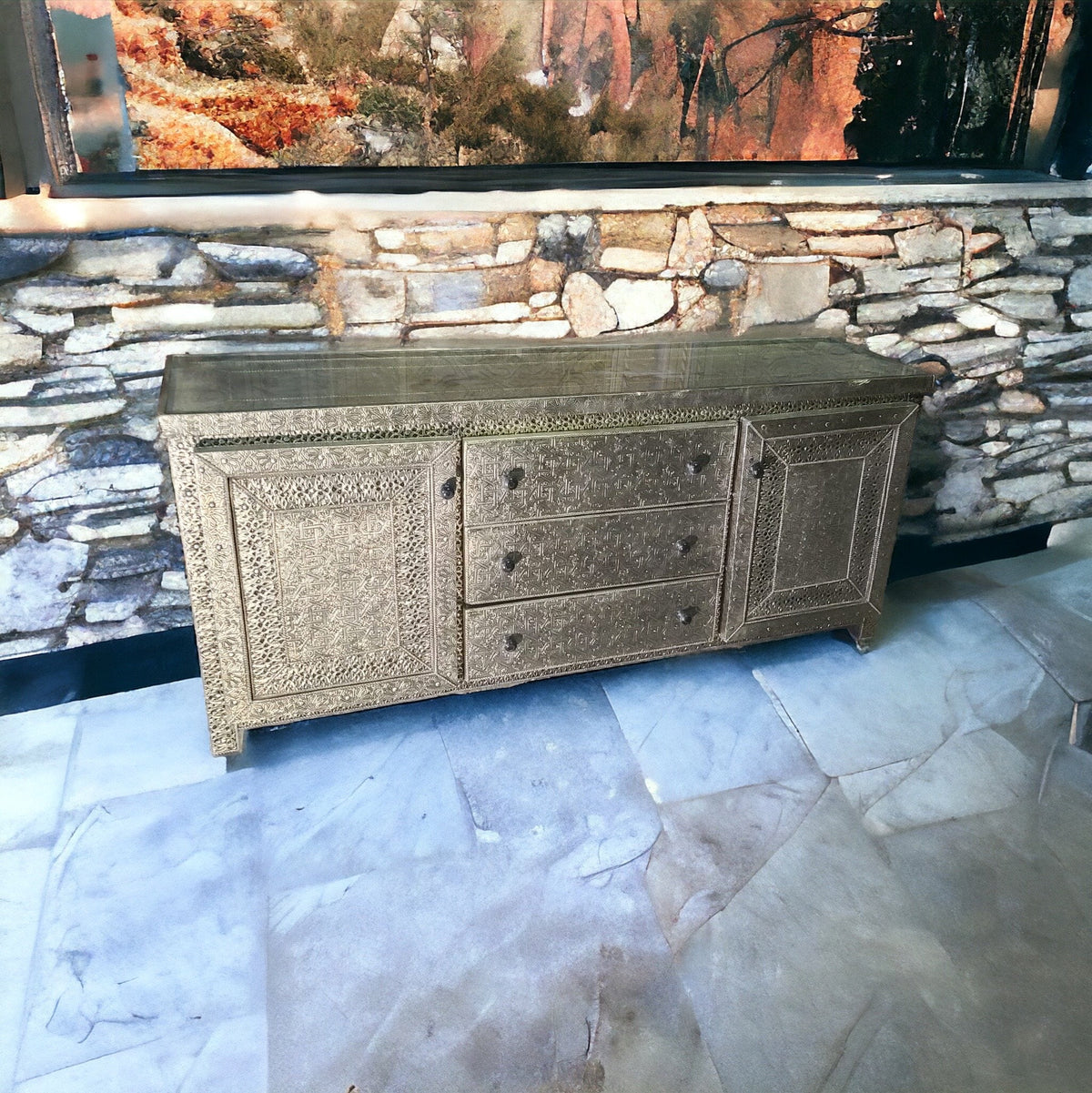 Handmade Moroccan Silver Metal Cabinet, Buffet Furniture