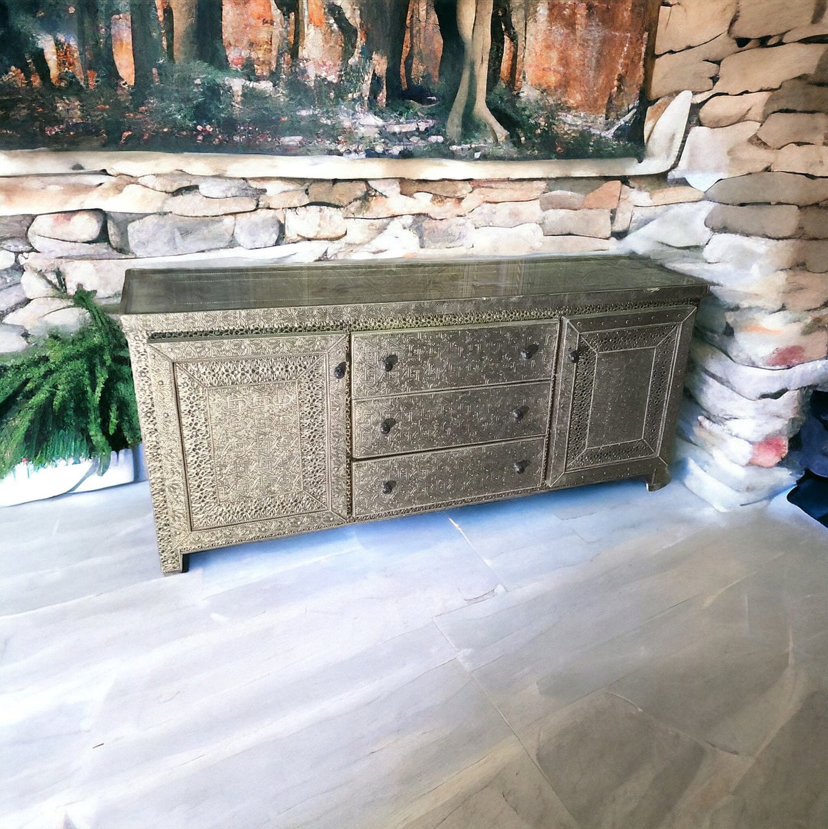 Handmade Moroccan Silver Metal Cabinet, Buffet Furniture
