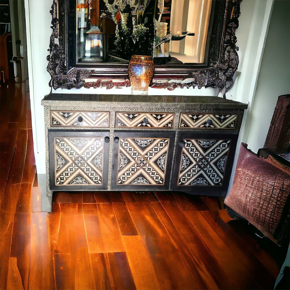 Handmade Moroccan Silver Metal & Bone Cabinet - Unique Buffet Furniture