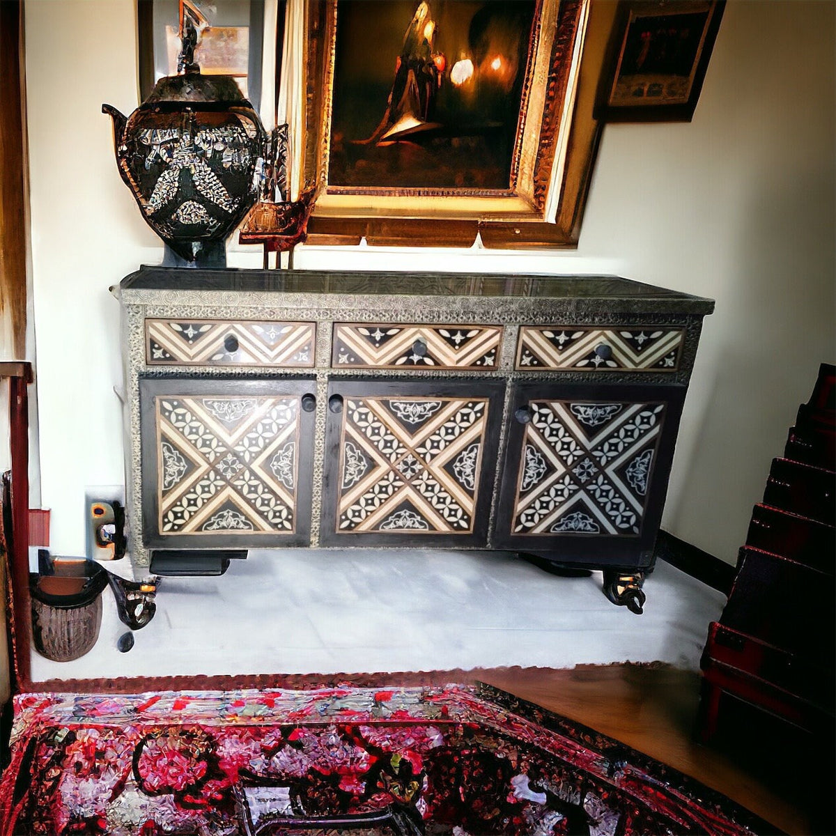 Handmade Moroccan Silver Metal & Bone Cabinet - Unique Buffet Furniture