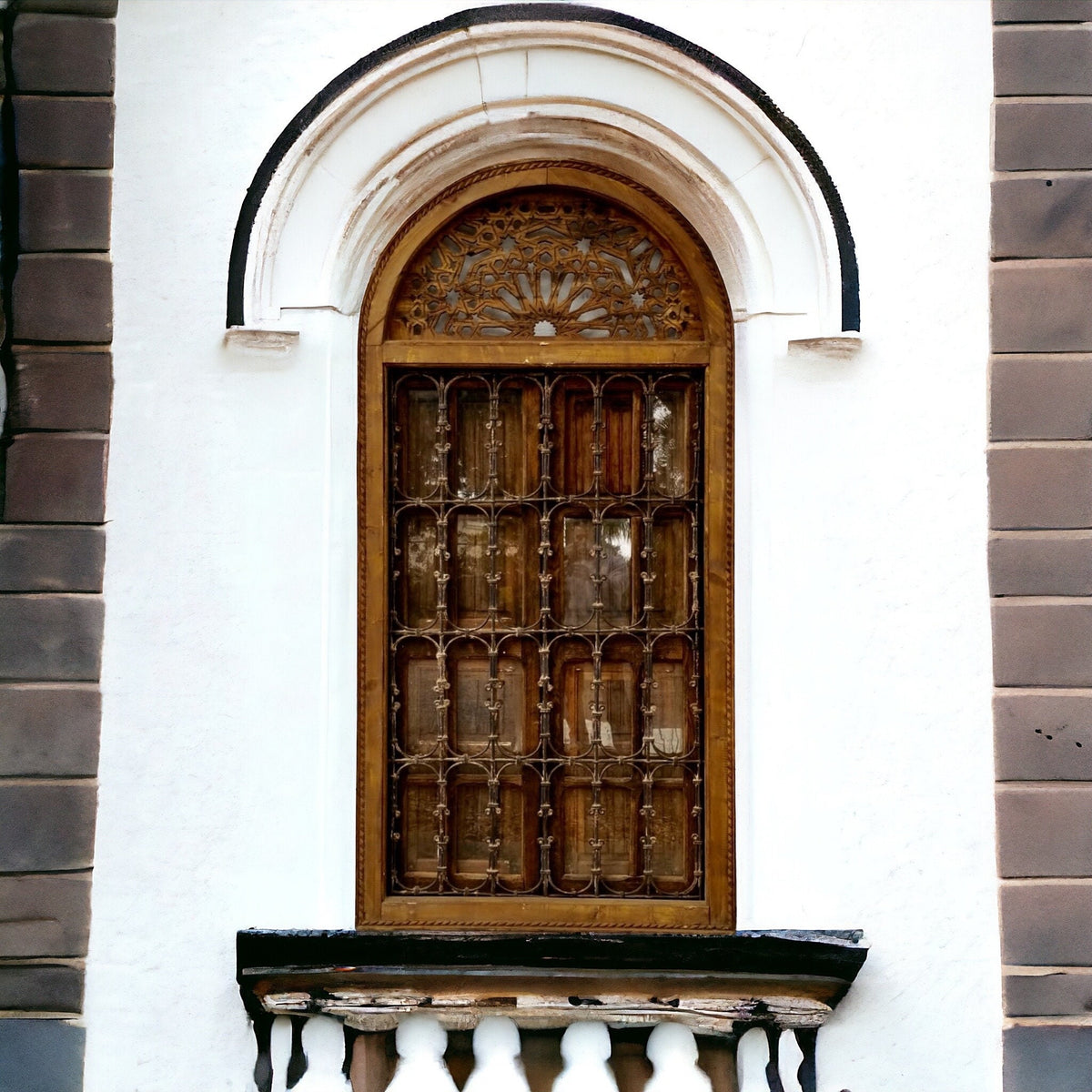 Antique Jewish Moroccan Window, Wrought Iron Filigree, Stained Glass (88x43)