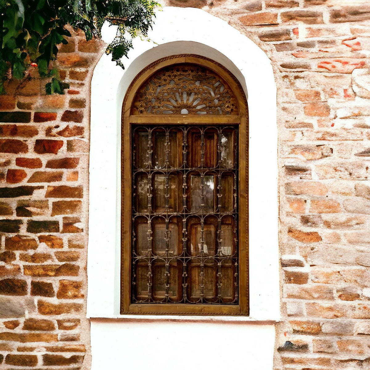 Antique Jewish Moroccan Window, Wrought Iron Filigree, Stained Glass (88x43)