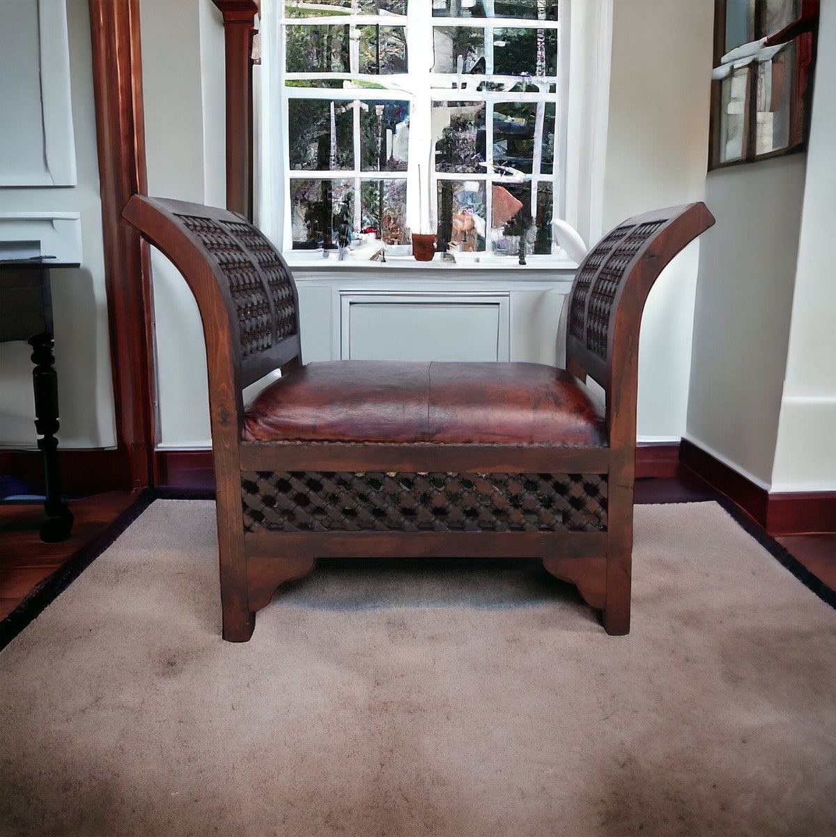 Vintage Moroccan Leather Chair, Handmade Mousharabia Wood Artwork