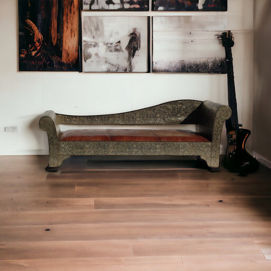 Handmade Moroccan Leather Bench, Silver Metal Inlay, One-of-a-Kind