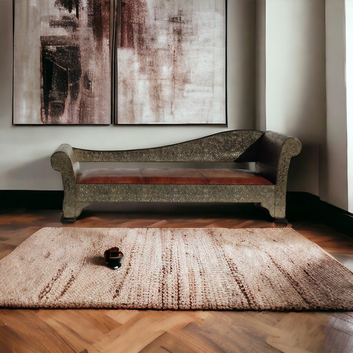 Handmade Moroccan Leather Bench, Silver Metal Inlay, One-of-a-Kind
