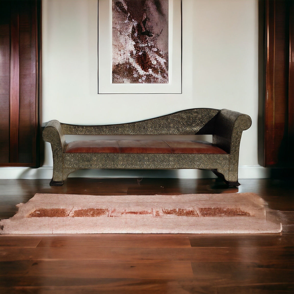 Handmade Moroccan Leather Bench, Silver Metal Inlay, One-of-a-Kind