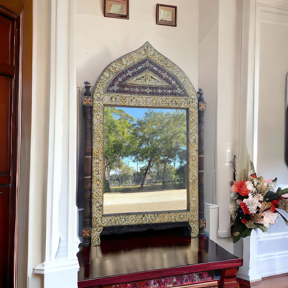 Large Antique Moroccan Mirror: Camel Bone Inlay, Moorish Design (61x38)