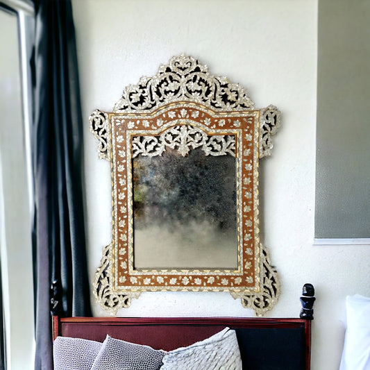 Vintage Syrian Inlay Mirror, Mother of Pearl, Handmade Moroccan Decor (48 inch)