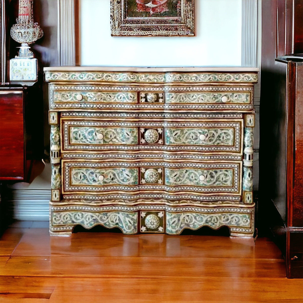 Vintage Syrian Dresser: Green Abalone, Mother of Pearl Inlay, Marble Top