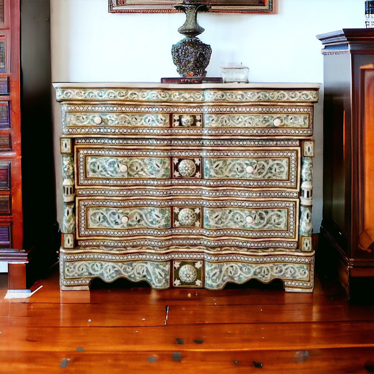 Vintage Syrian Dresser: Green Abalone, Mother of Pearl Inlay, Marble Top