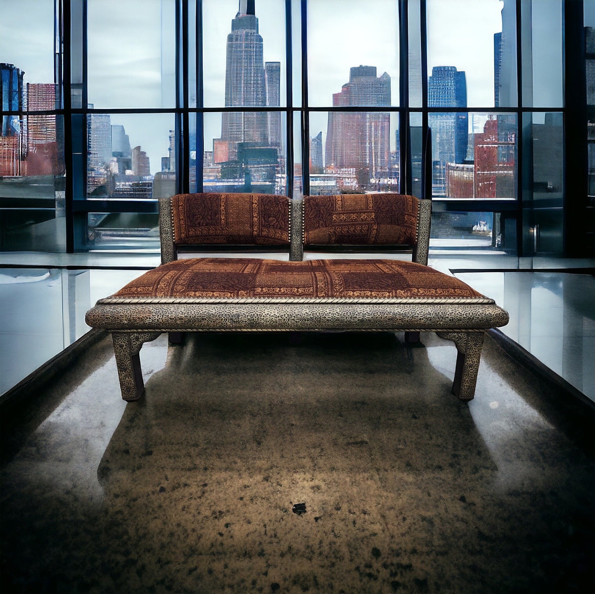 Handmade Moroccan Silver Metal Upholstered Bench, One-of-a-Kind Home Decor