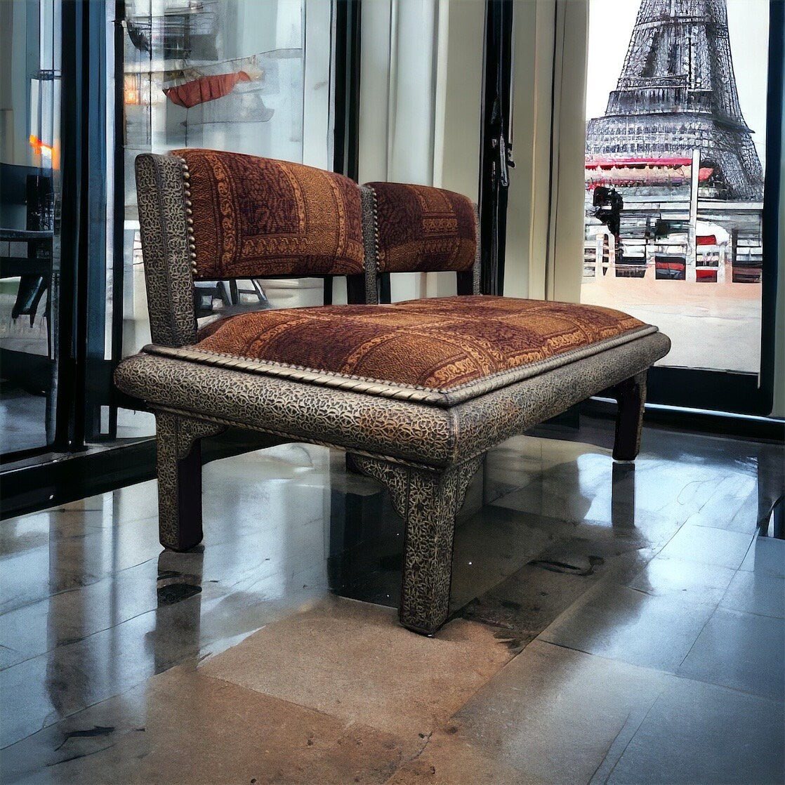 Handmade Moroccan Silver Metal Upholstered Bench, One-of-a-Kind Home Decor