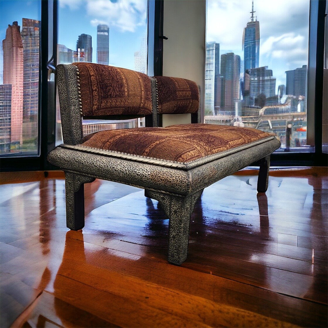 Handmade Moroccan Silver Metal Upholstered Bench, One-of-a-Kind Home Decor