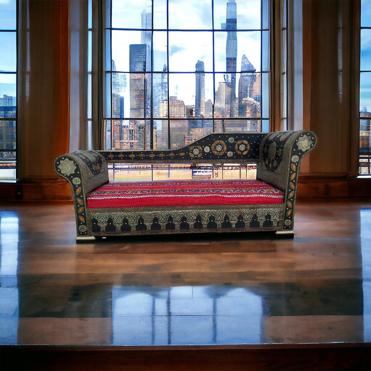 Handmade Moroccan Kilim Rug Bench, Silver Metal Inlay, Upholstered Sofa