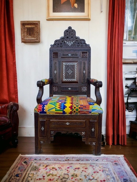 Vintage Hand Carved Syrian Chair | Mother of Pearl Inlay, African Fabric