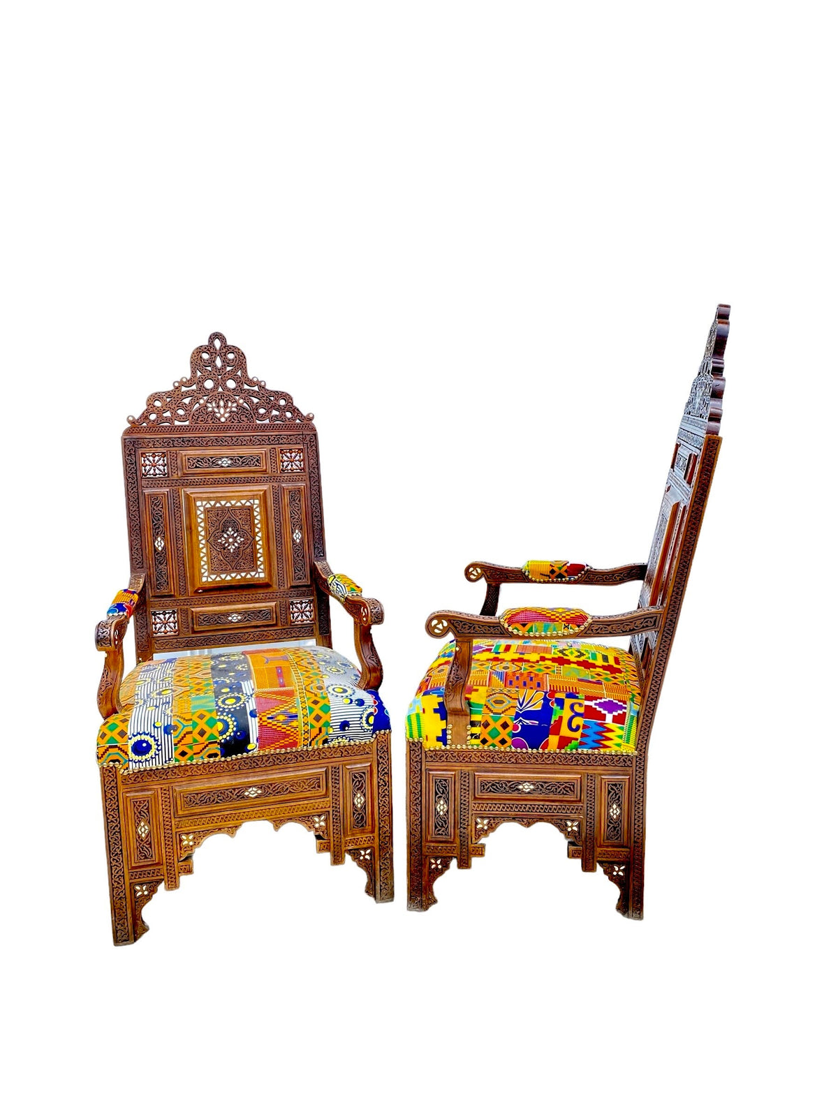 Vintage Hand Carved Syrian Chair | Mother of Pearl Inlay, African Fabric