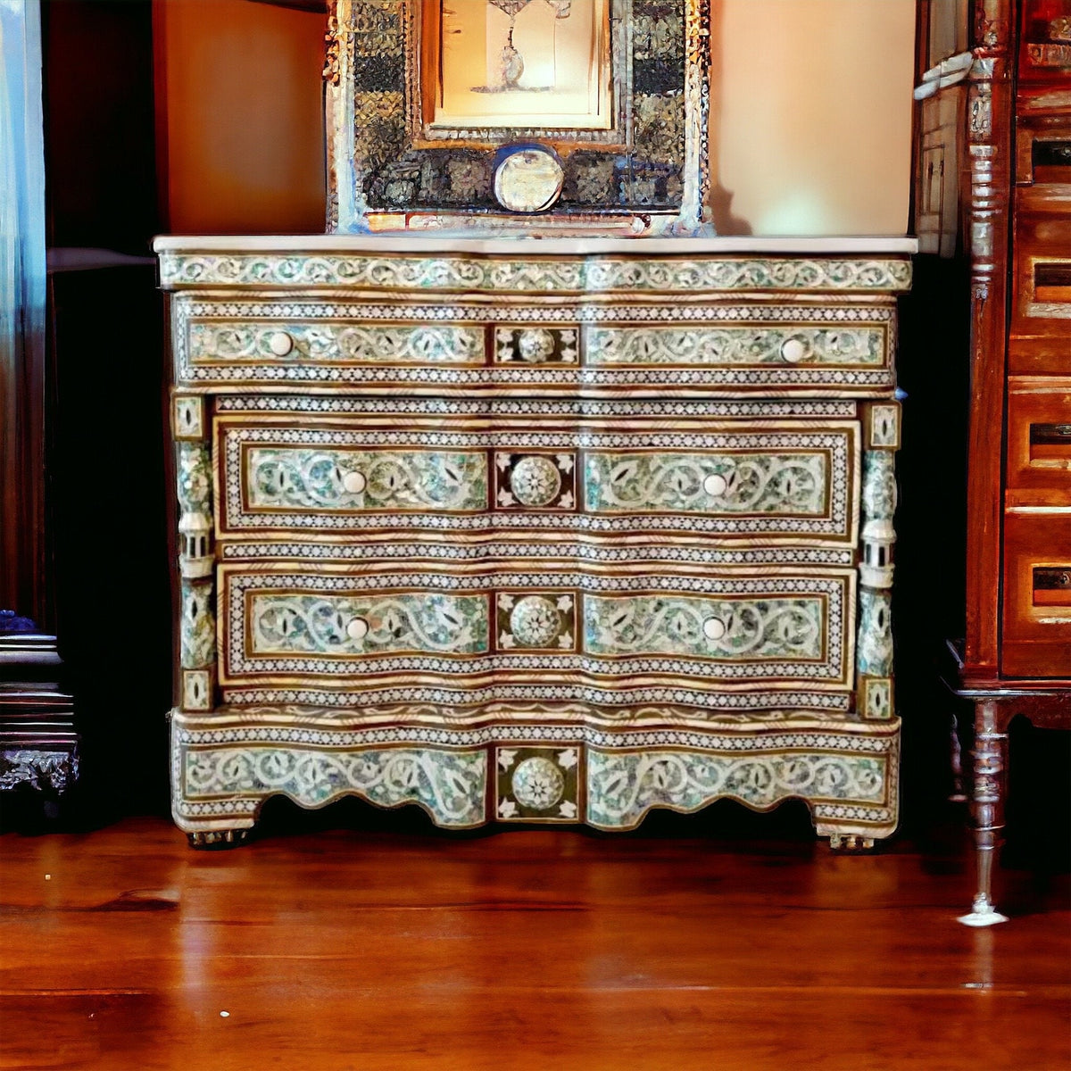 Vintage Syrian Dresser: Green Abalone, Mother of Pearl Inlay, Marble Top