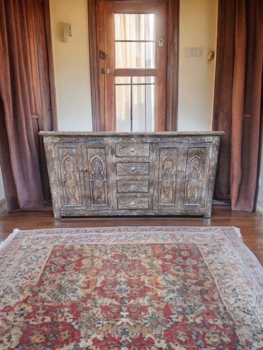 Handmade Moroccan Wooden Buffet: Carved Moorish Cabinet