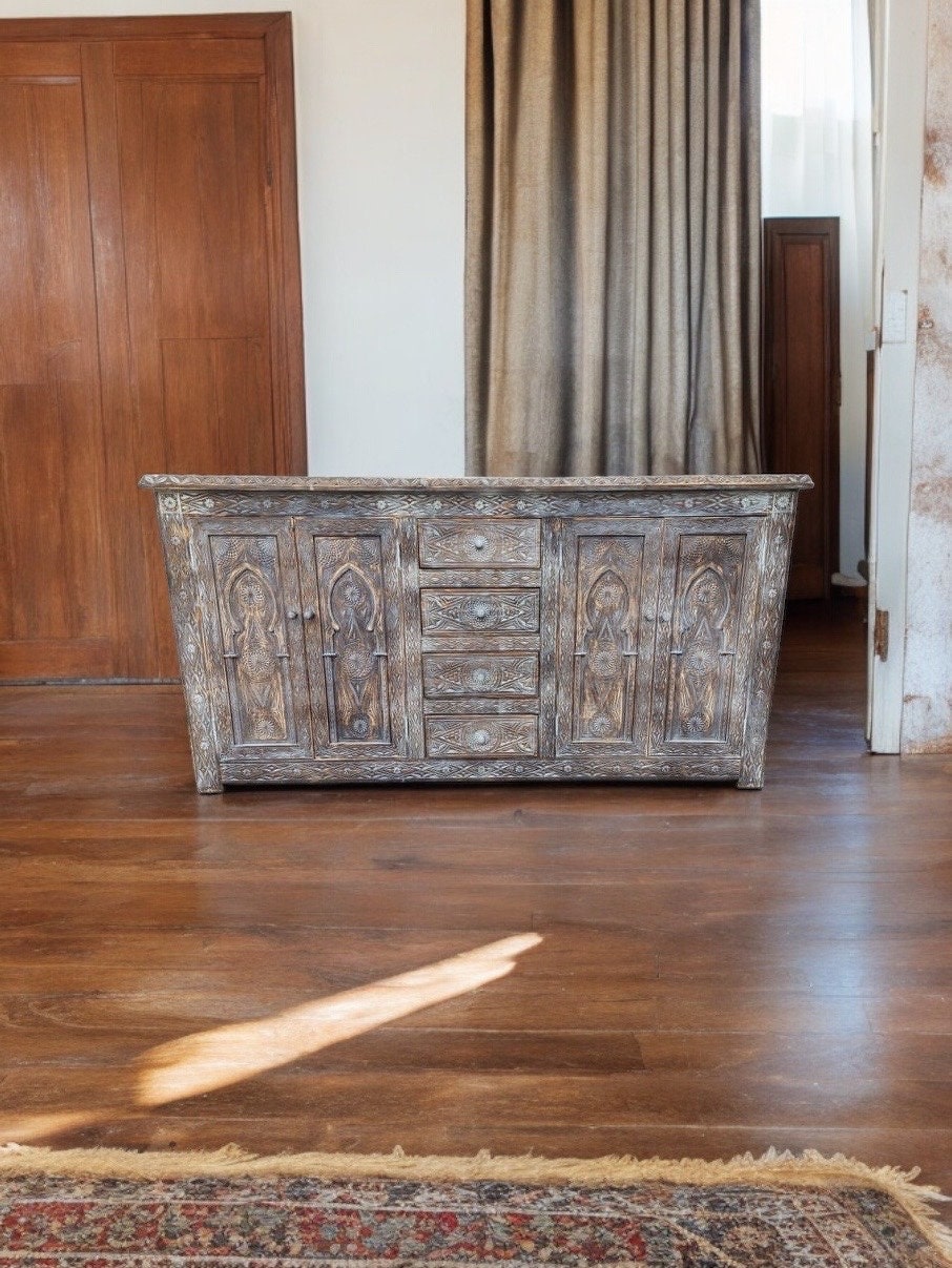 Handmade Moroccan Wooden Buffet: Carved Moorish Cabinet