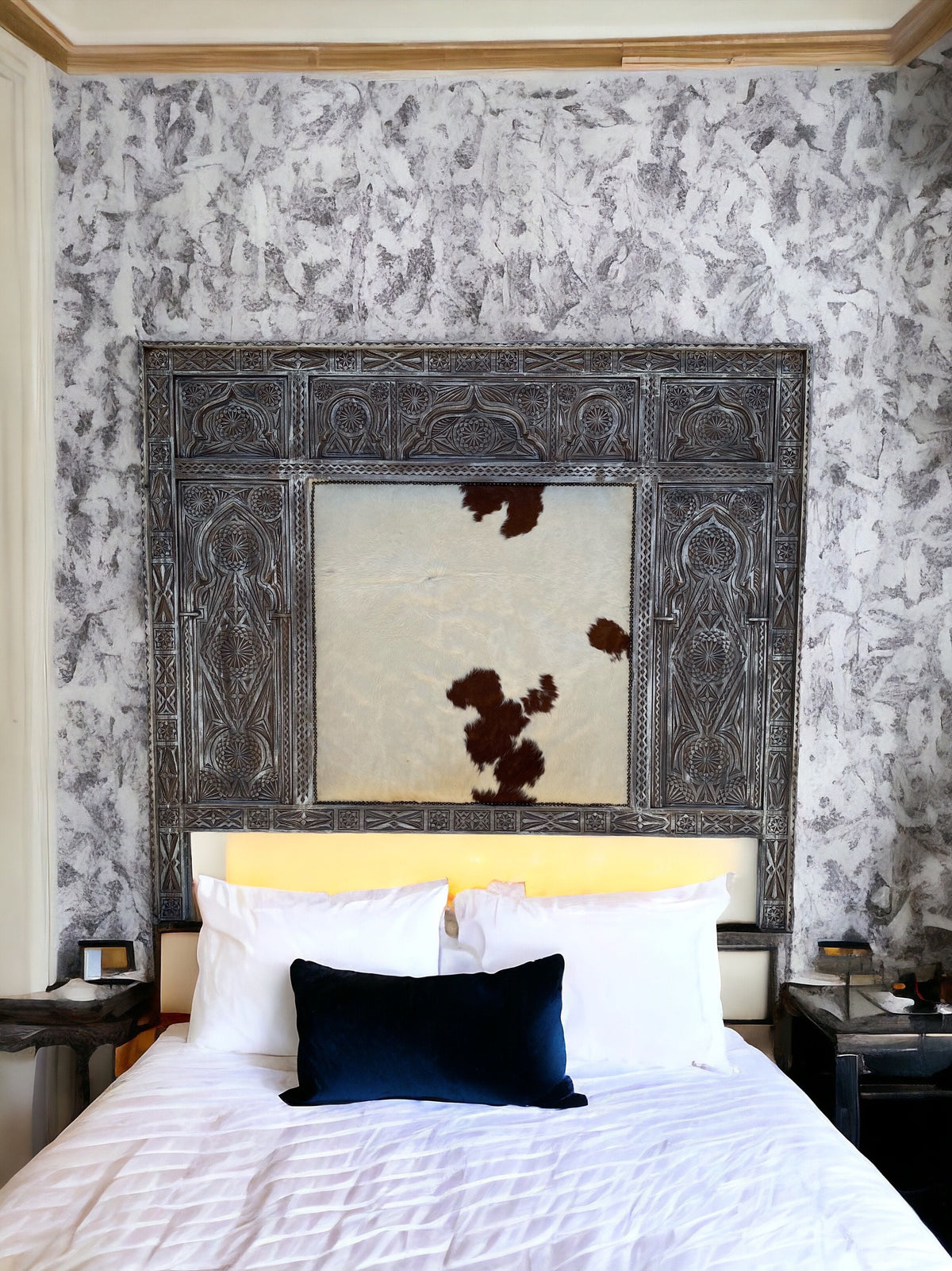 Hand Carved Cowhide Headboard | Moroccan Berber Bed Frame