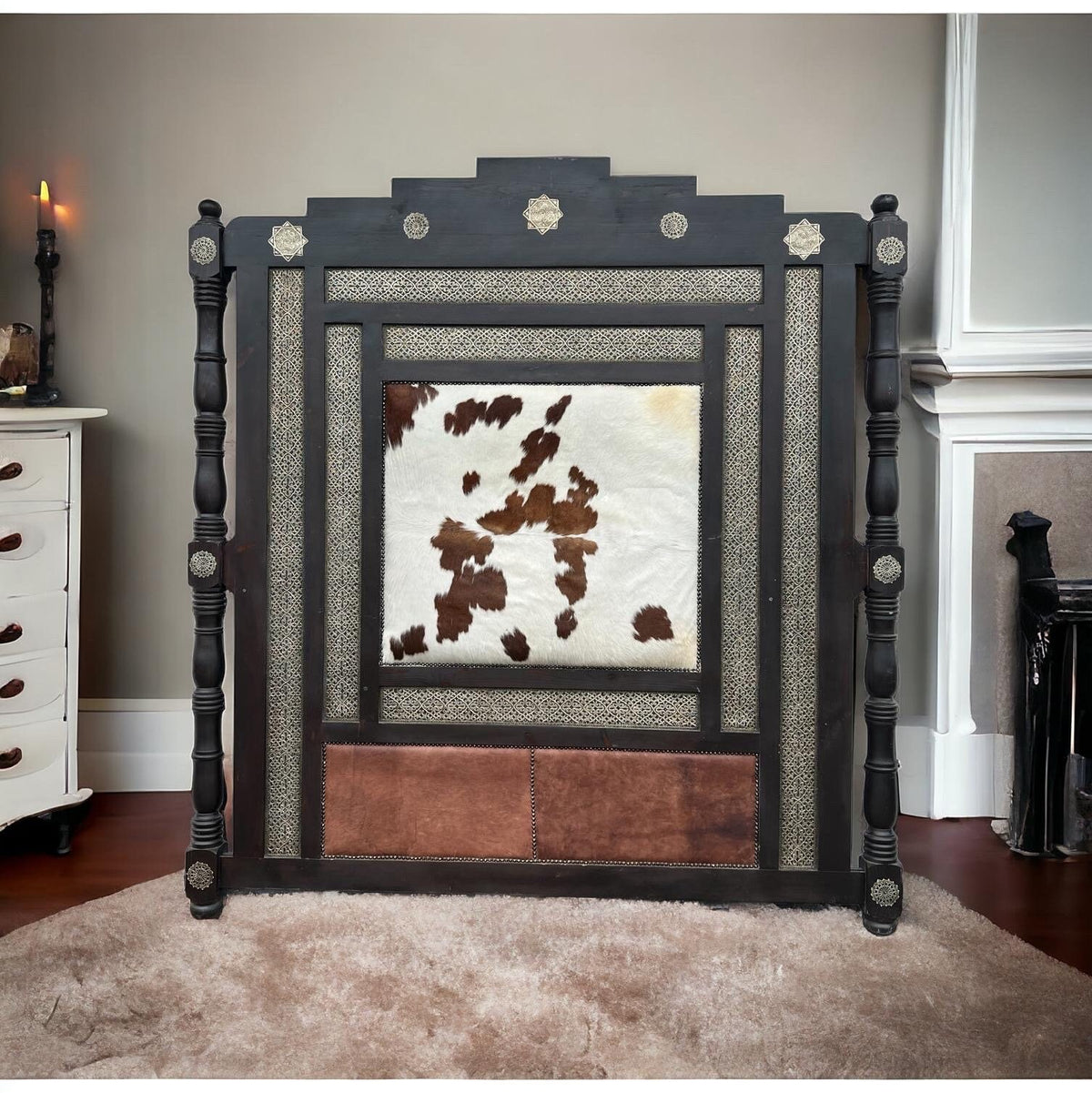 Handmade Moroccan Cowhide Headboard Bed: Rustic Berber Decor (82”x88”)