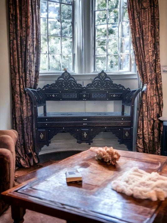 Vintage wooden Syrian white shell mother of pearl bench