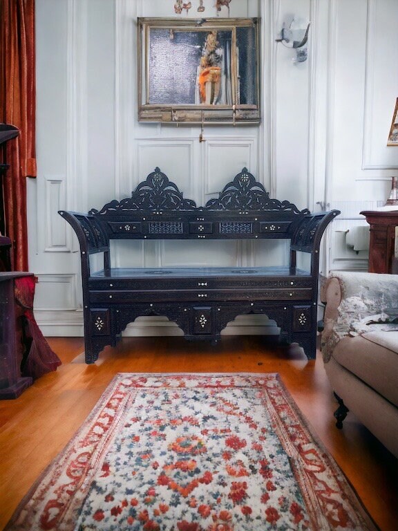 Vintage wooden Syrian white shell mother of pearl bench